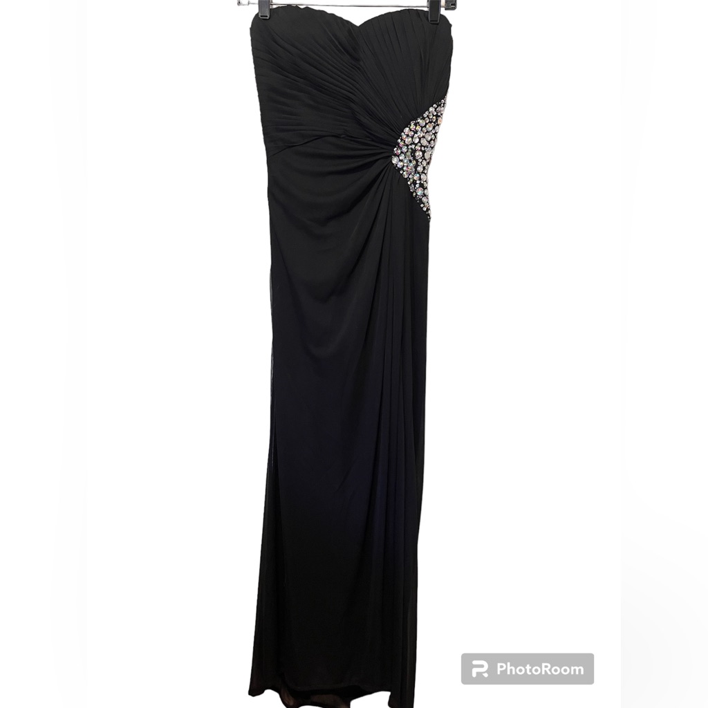 Morgan And Co. Black Embellished Evening Gown Strapless Size 3/4